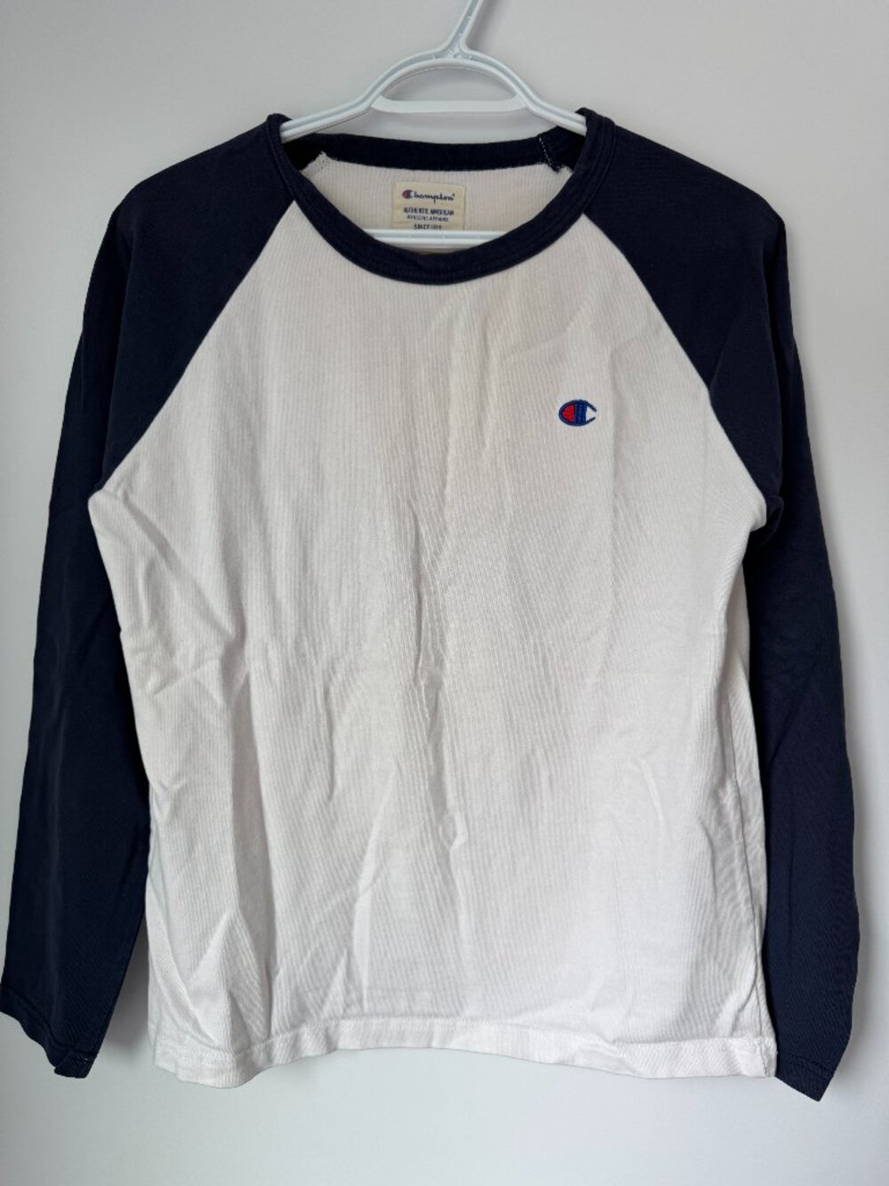 Champion White Navy Long Sleeve Raglan Tee Fits S/M